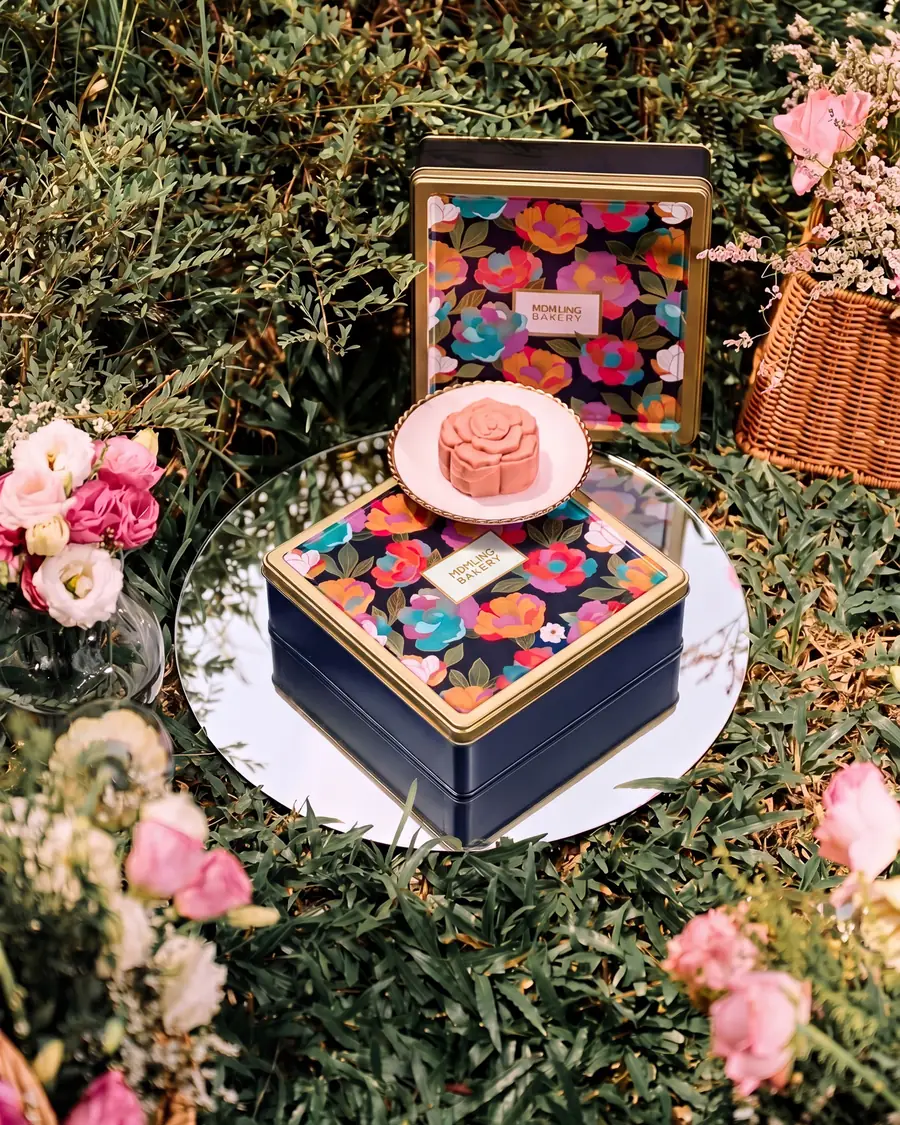 A Court of Peonies 4 piece navy floral keepsake mooncake tin